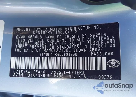 2013 Toyota Camry L из США, поврежденный, VIN 4T1BF1FK4DU691260